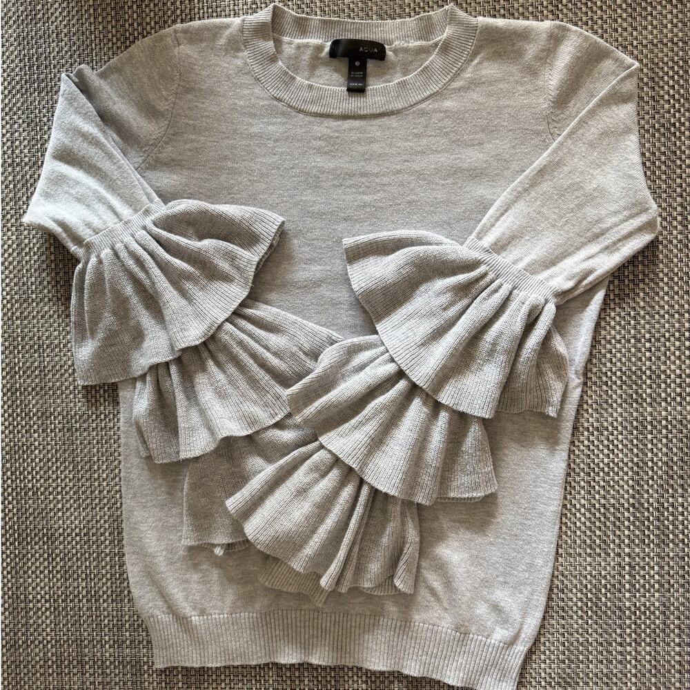 AQUA BLOOMINGDALE'S  Cotton Tiered-Sleeve Crewneck Statement Sweater S Gray